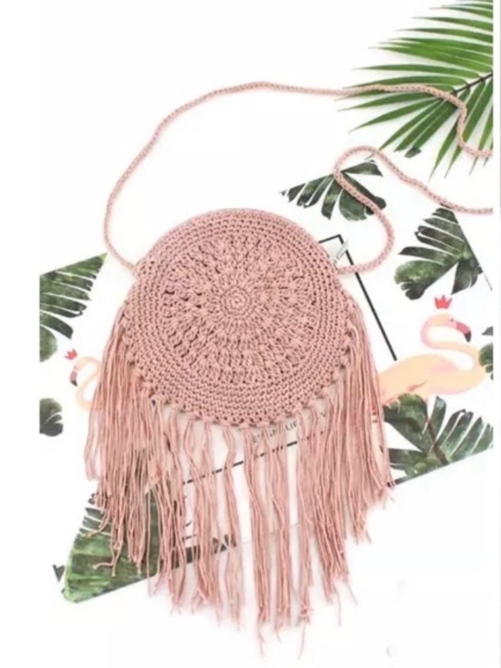 Boho Crochet Fringe Crossbody Bag in Blush Pink